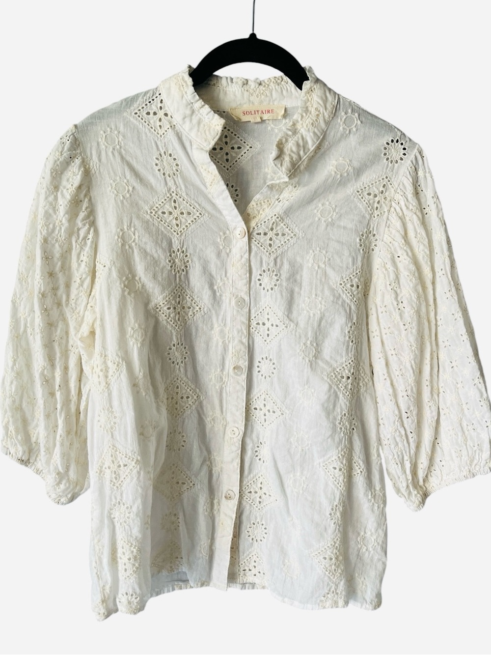 Solitaire Cream Eyelet Embroidered Blouse Shirt Billowy Sleeve M